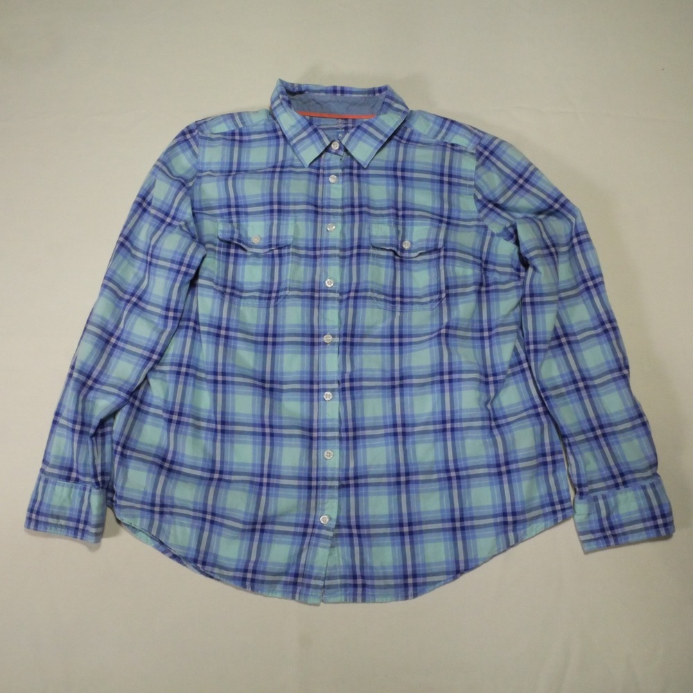 St. John's Bay Womens Petite PL Blue Green Plaid Cotton Button Down Shirt